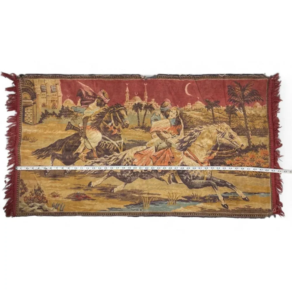 Vintage Arabian Nights Tapestry Middle Eastern Men Horses Wall Hanging 43x23